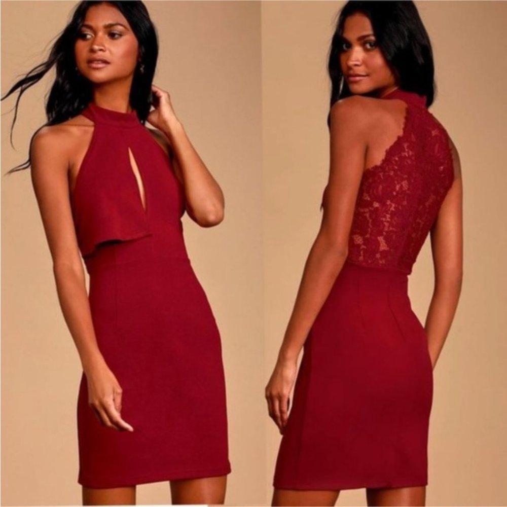 Lulus Rayleigh Burgundy Lace Halter Dress